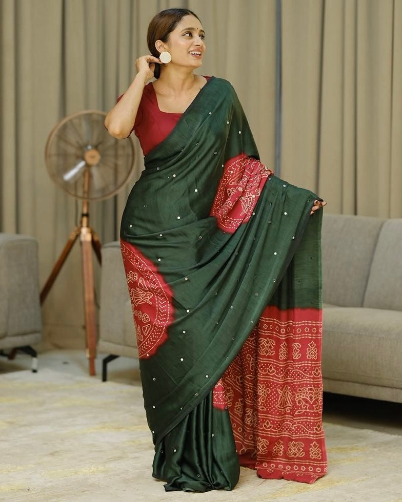 Women’s Forest Green Pure Modal Silk Saree with Rustic Red Folk Art Print & Traditional Designer Pallu