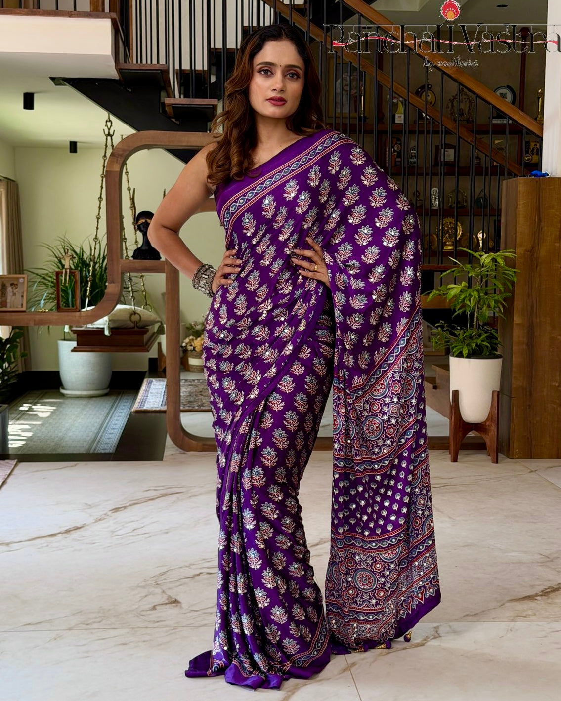 Royal Purple Pure Modal Silk Saree with Ajrakh Inspired Floral Print & Heritage Designer Pallu