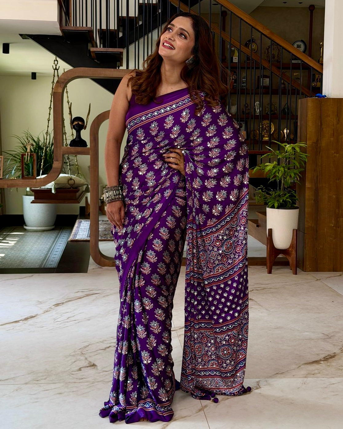 Royal Purple Pure Modal Silk Saree with Ajrakh Inspired Floral Print & Heritage Designer Pallu