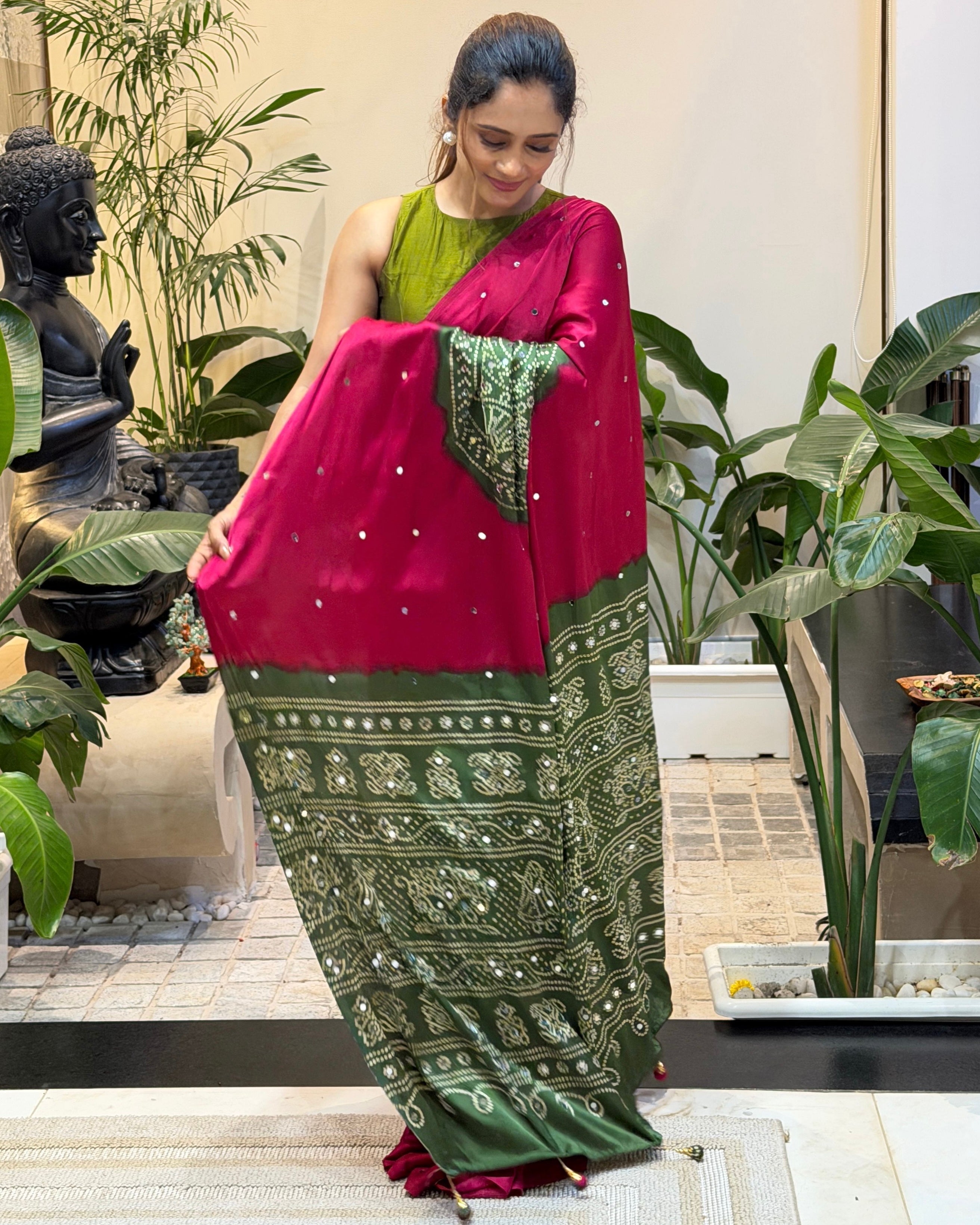 Women’s Rani Pink Pure Modal Silk Saree with Olive Green Folk Art Print & Traditional Tribal Designer Pallu