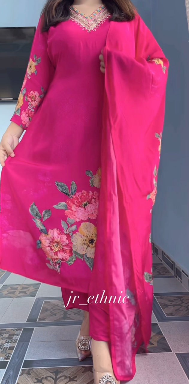 Floral Printed 3-Piece Suit Set for Women β V-Neck Kurta with Matching Dupatta & Bottom