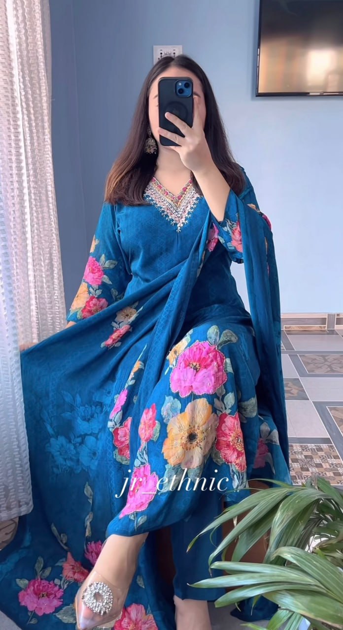 Floral Printed 3-Piece Suit Set for Women β V-Neck Kurta with Matching Dupatta & Bottom