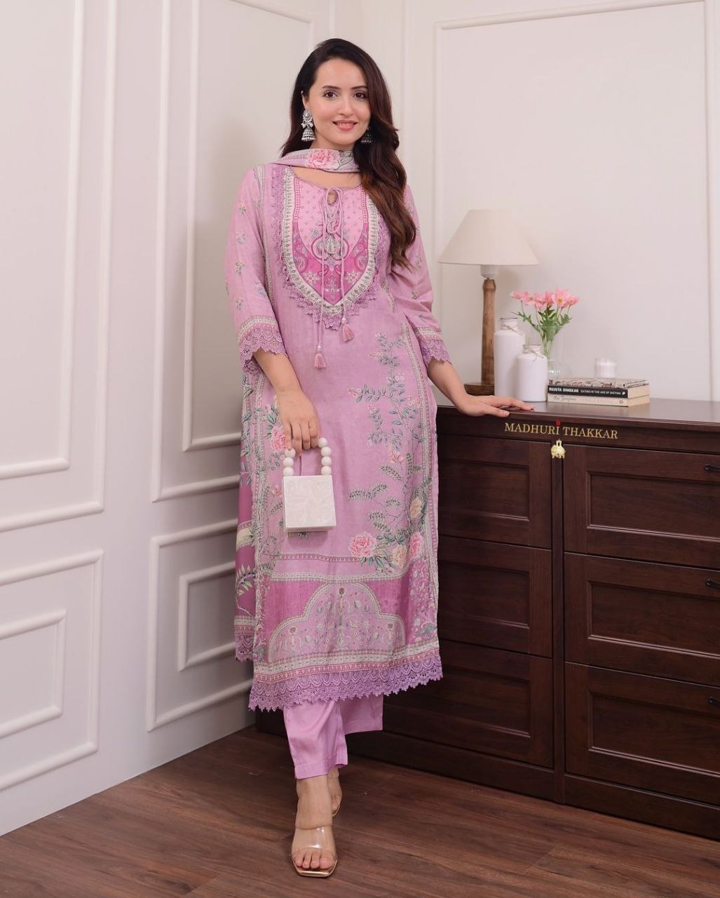 Pink Printed 3-Piece Suit Set for Women – Embroidered Kurta with Pants & Dupatta