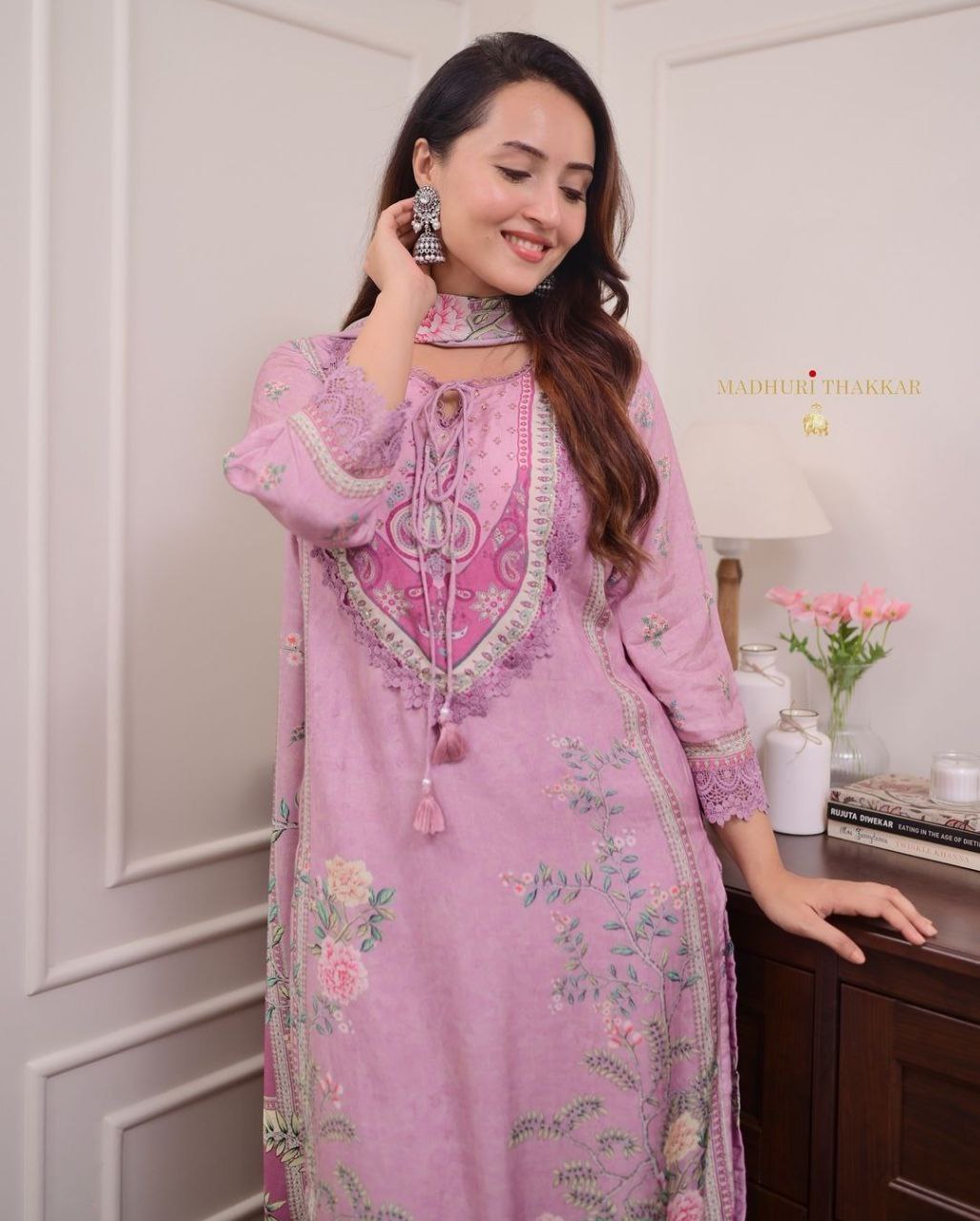 Pink Printed 3-Piece Suit Set for Women – Embroidered Kurta with Pants & Dupatta