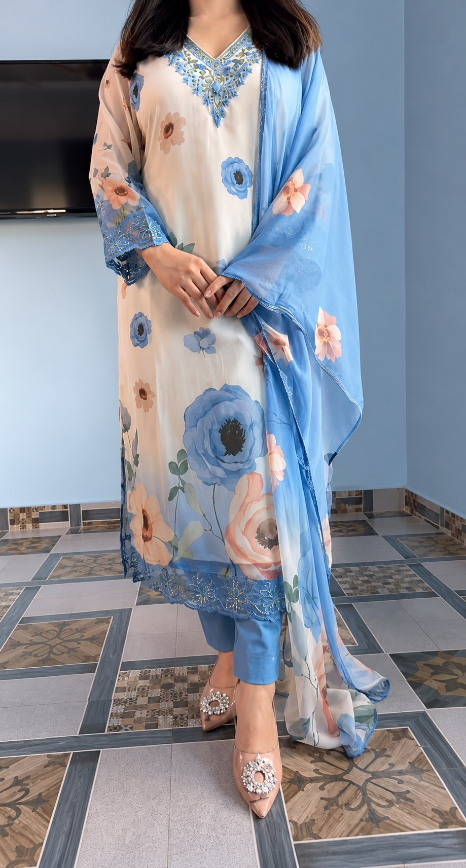 Đesigner Premium Orange Chiffon 3 Piece Set
