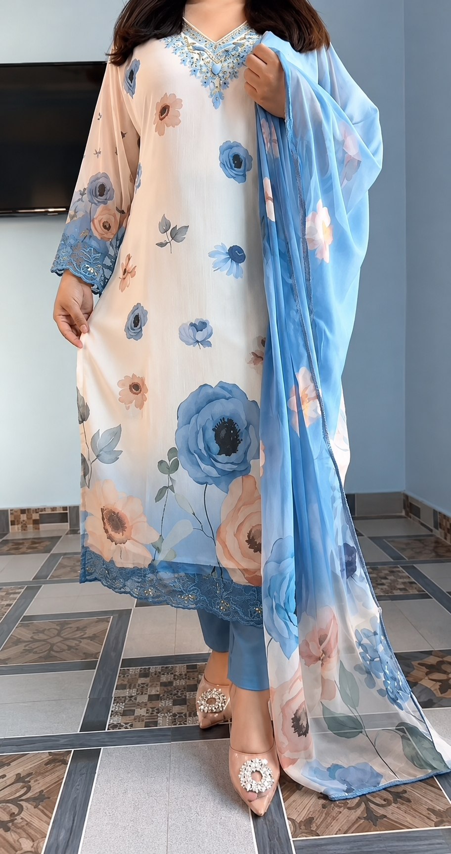 Đesigner Premium Orange Chiffon 3 Piece Set