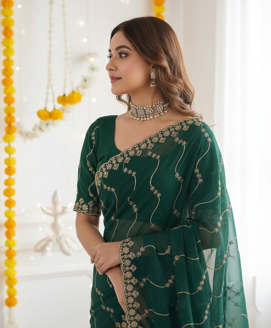 Designer Mustard Green Party Wear Georgette Saree with Sequin Embroidery