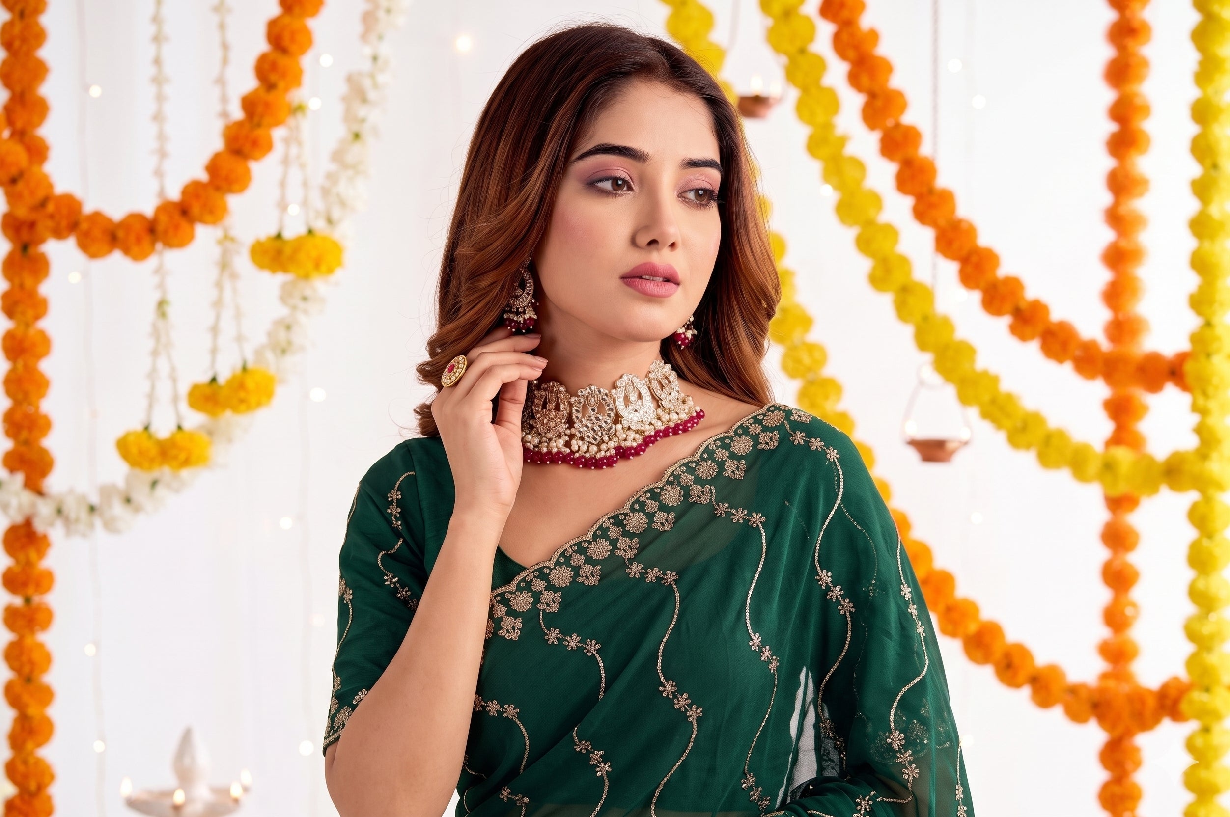 Designer Mustard Green Party Wear Georgette Saree with Sequin Embroidery