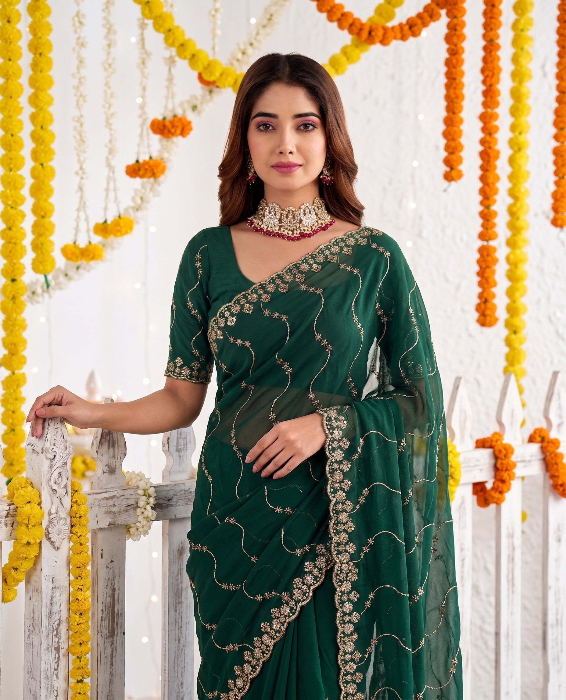 Designer Mustard Green Party Wear Georgette Saree with Sequin Embroidery