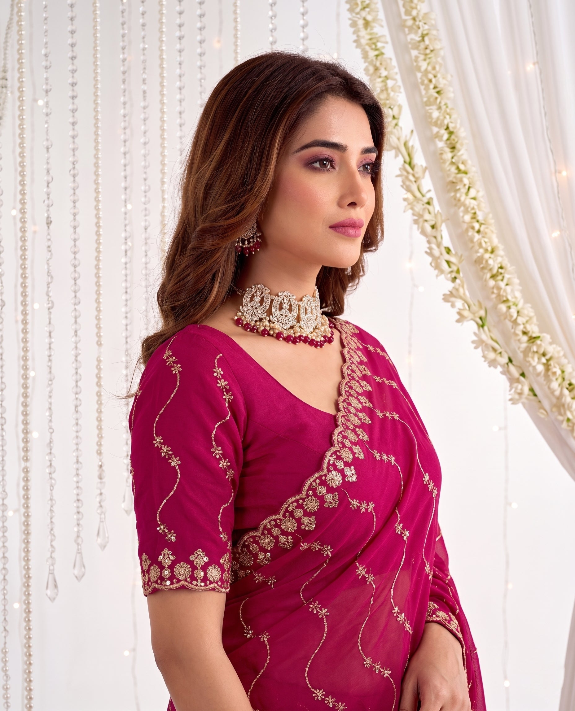 Designer Mustard Rani Pink Party Wear Georgette Saree with Sequin Embroidery