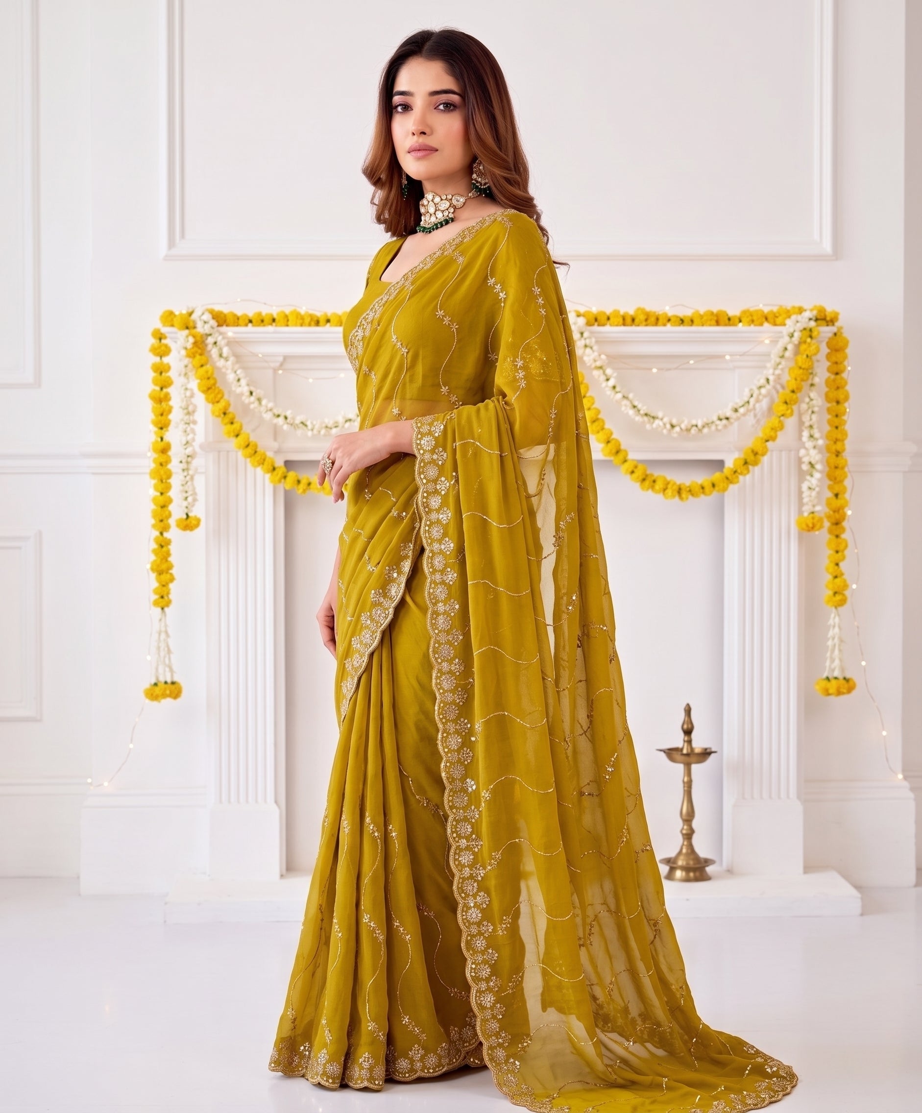 Designer Mustard Yellow Party Wear Georgette Saree with Sequin Embroidery
