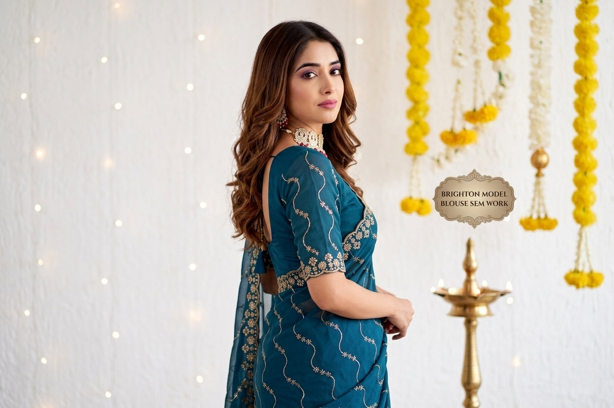 Designer Mustard Teal Blue Party Wear Georgette Saree with Sequin Embroidery