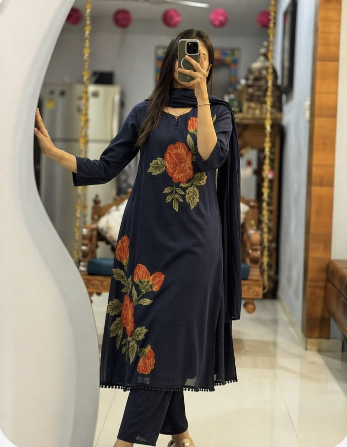 Summer Premium Cotton Rose Embroidery Kurta Pant Dupatta Set
