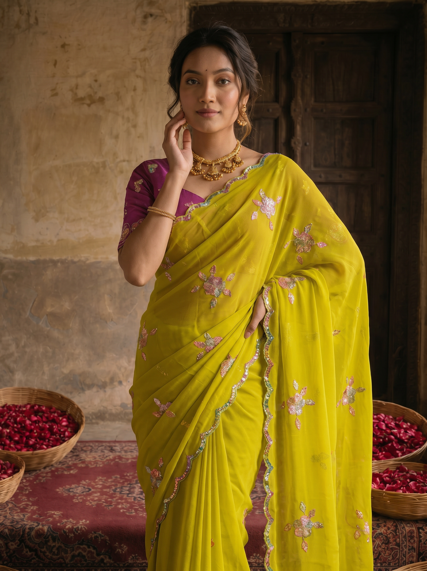 Lime Yellow Georgette Embroidered Saree with Floral Sequin Work & Contrast Magenta Blouse