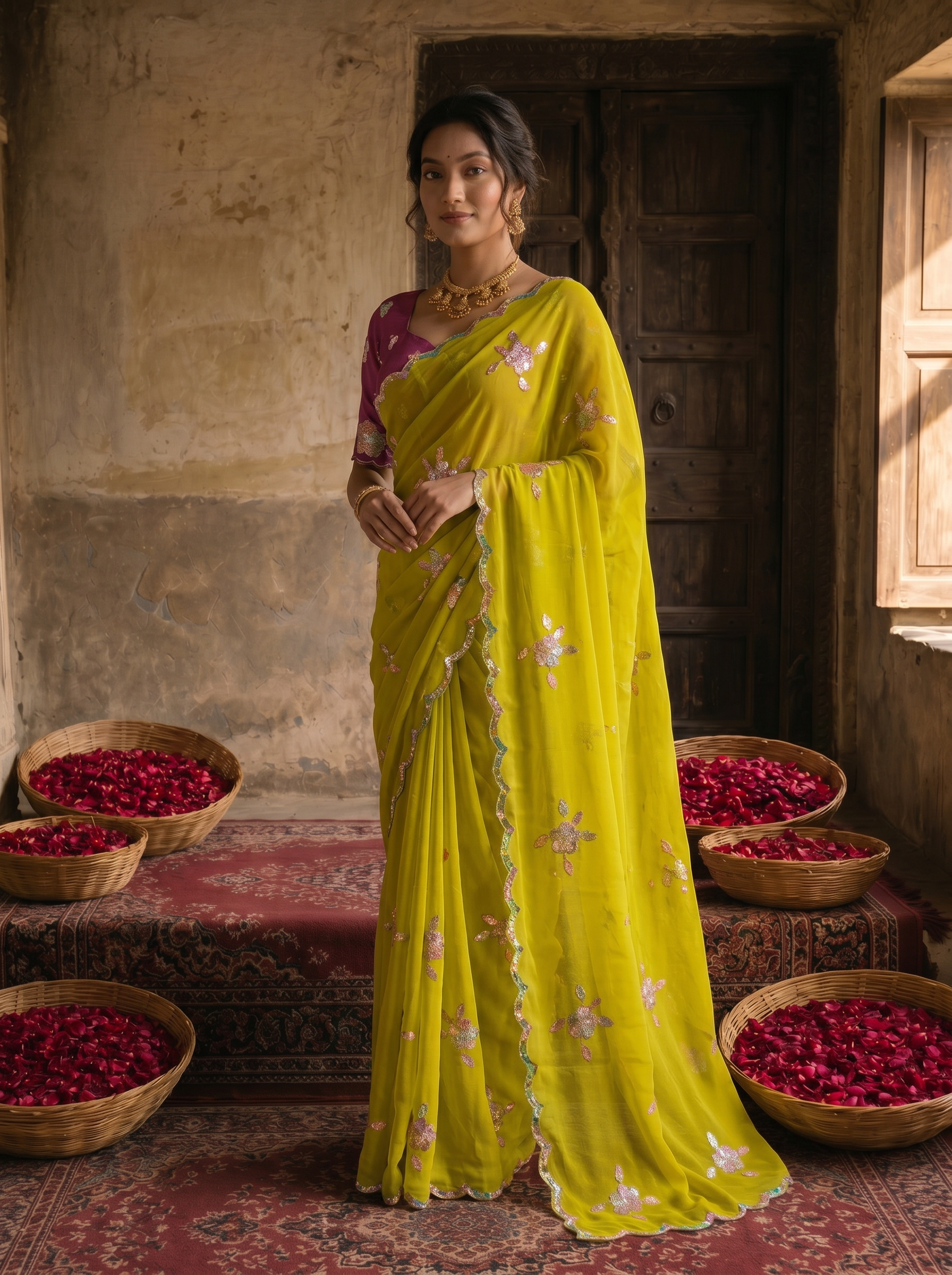 Lime Yellow Georgette Embroidered Saree with Floral Sequin Work & Contrast Magenta Blouse