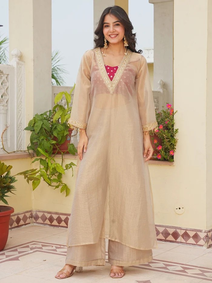Golden Tissue 3-Piece Kurta Set for Women – V-Neck Kurta with Wide-Leg Pants & Inner