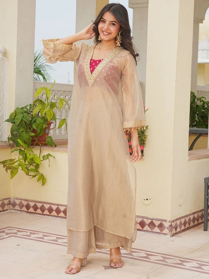Golden Tissue 3-Piece Kurta Set for Women – V-Neck Kurta with Wide-Leg Pants & Inner