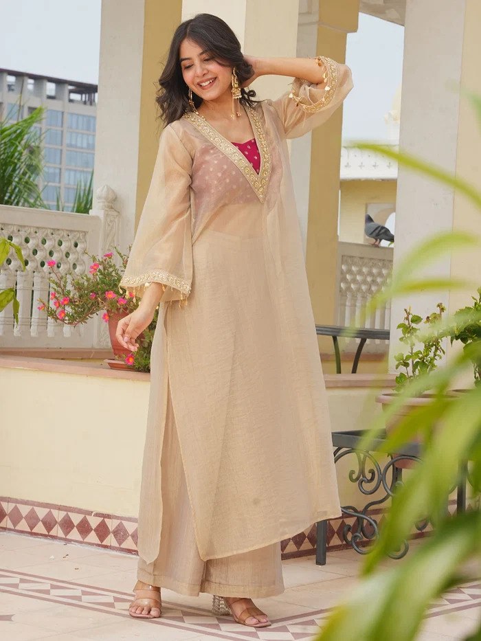 Golden Tissue 3-Piece Kurta Set for Women – V-Neck Kurta with Wide-Leg Pants & Inner