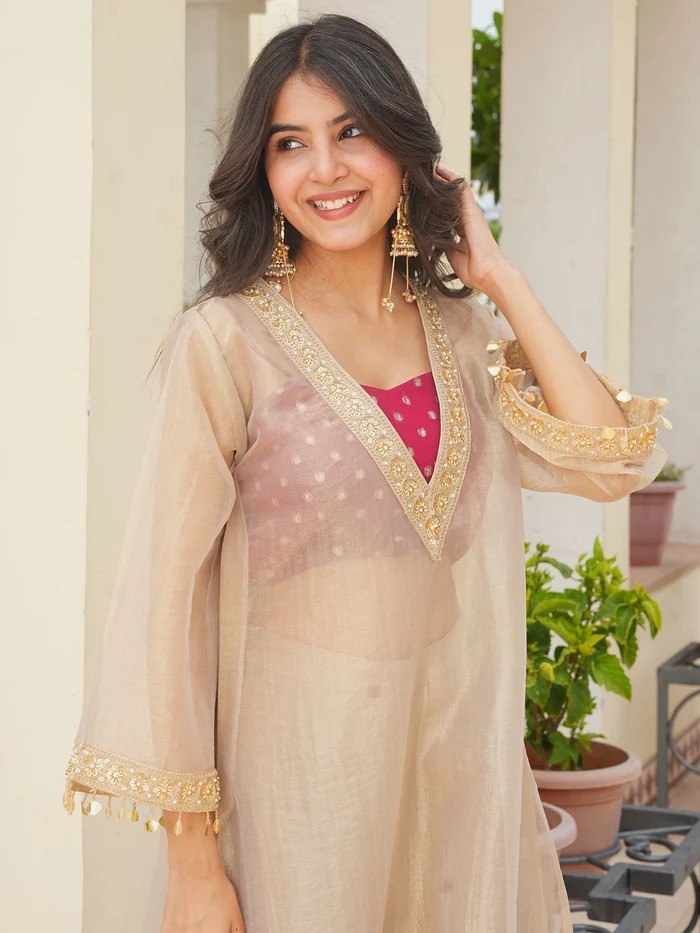 Golden Tissue 3-Piece Kurta Set for Women – V-Neck Kurta with Wide-Leg Pants & Inner