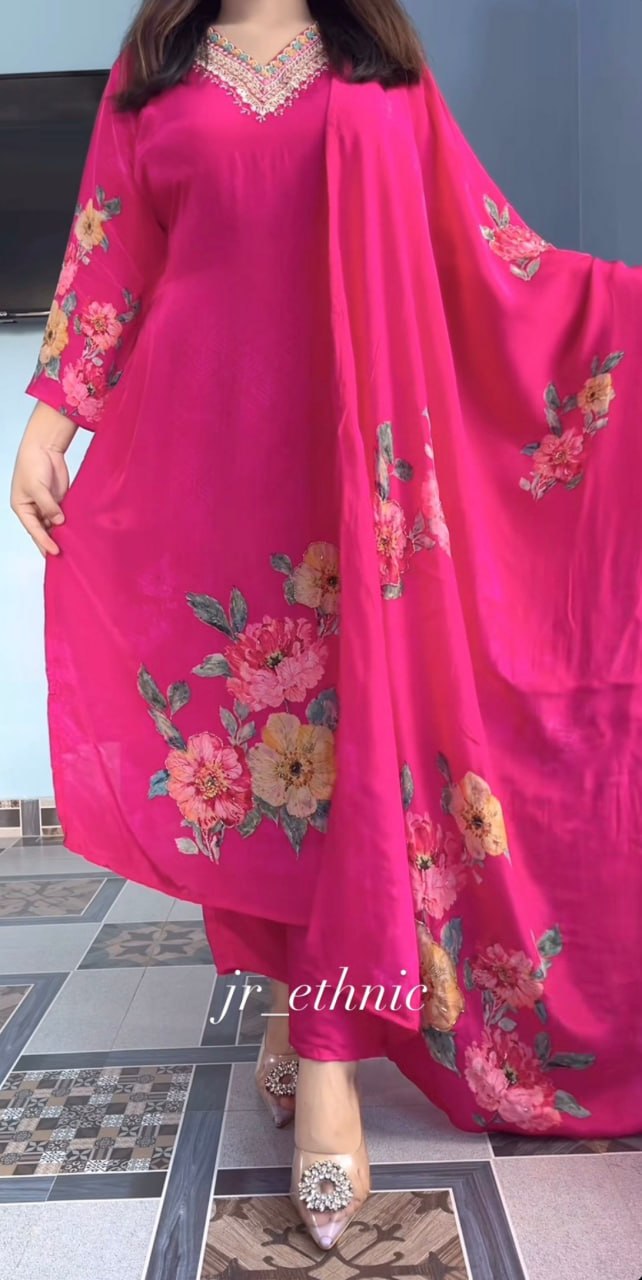 Floral Printed 3-Piece Suit Set for Women – V-Neck Kurta with Matching Dupatta & Bottom