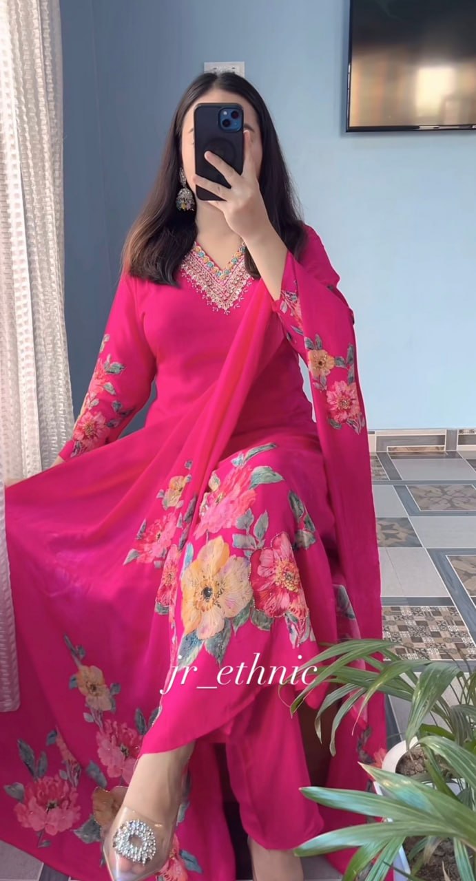 Floral Printed 3-Piece Suit Set for Women – V-Neck Kurta with Matching Dupatta & Bottom