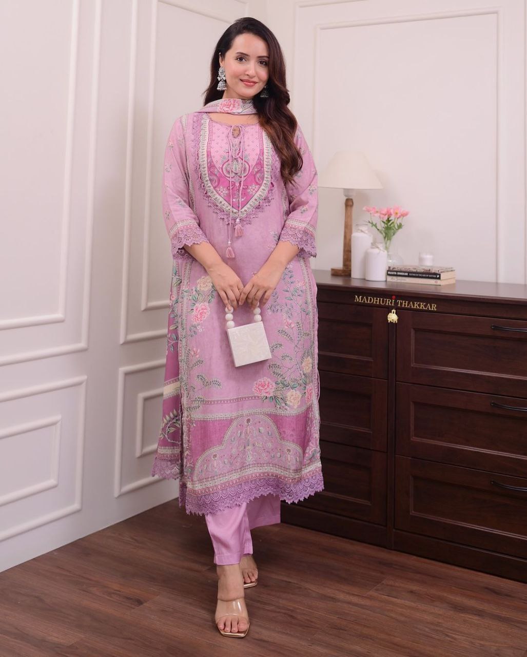 Pink Printed 3-Piece Suit Set for Women – Embroidered Kurta with Pants & Dupatta