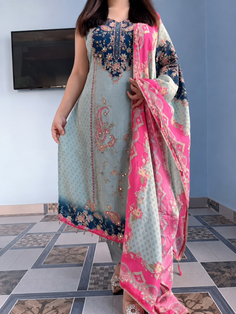 Mint Bloom Premium 3-Piece Festive Suit Set