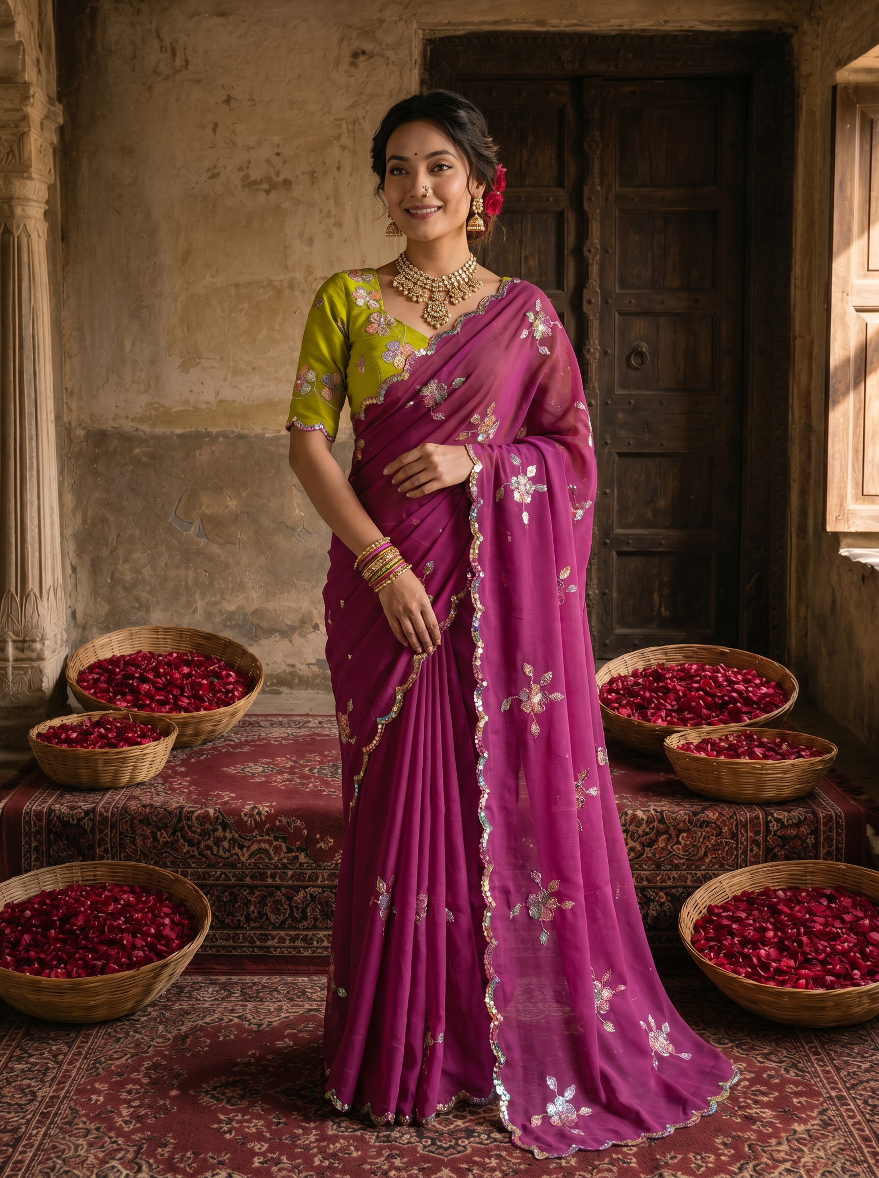 Magenta Purple Georgette Embroidered Saree with Floral Sequin Work & Contrast Lime Green Blouse