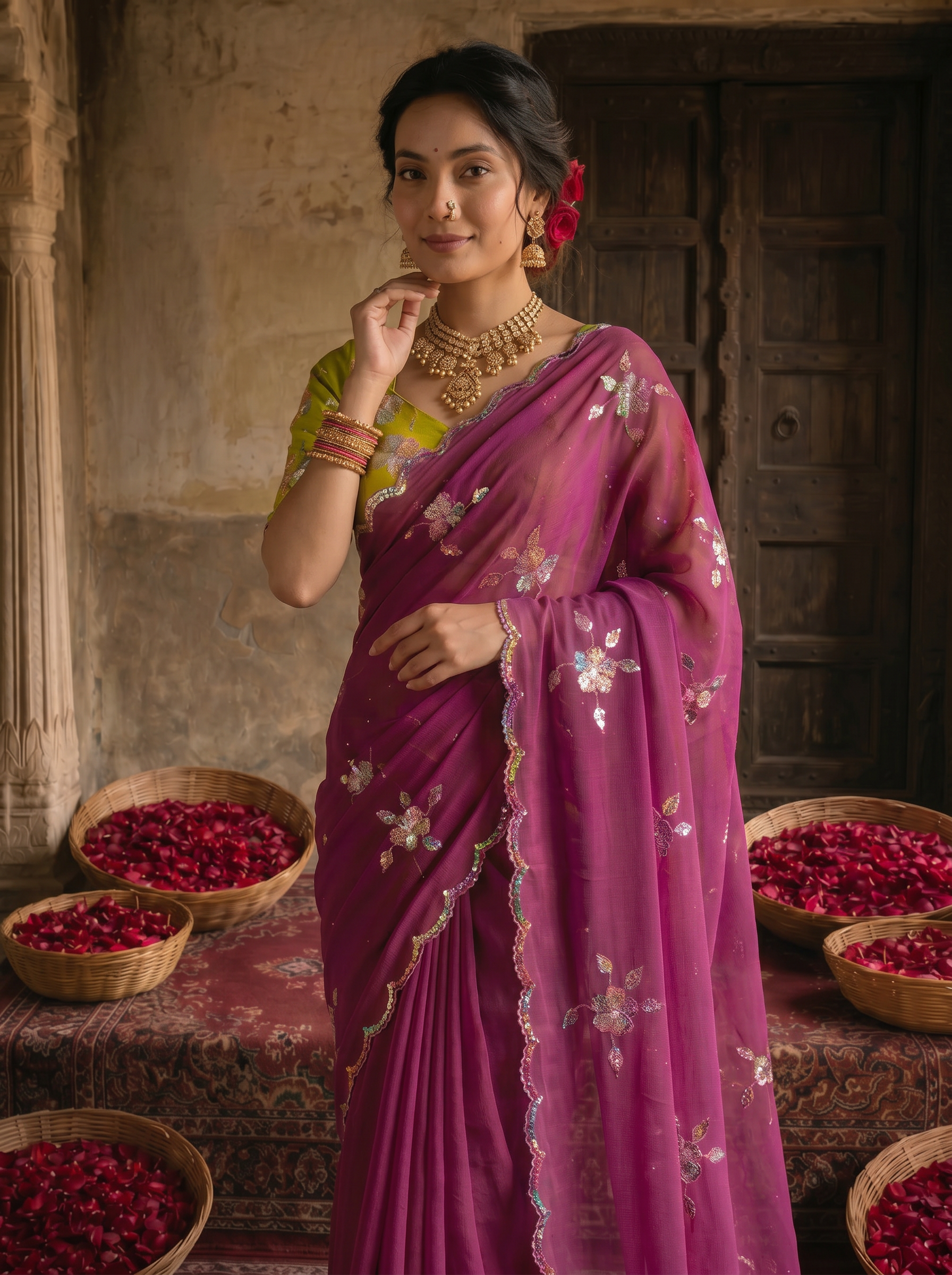 Magenta Purple Georgette Embroidered Saree with Floral Sequin Work & Contrast Lime Green Blouse