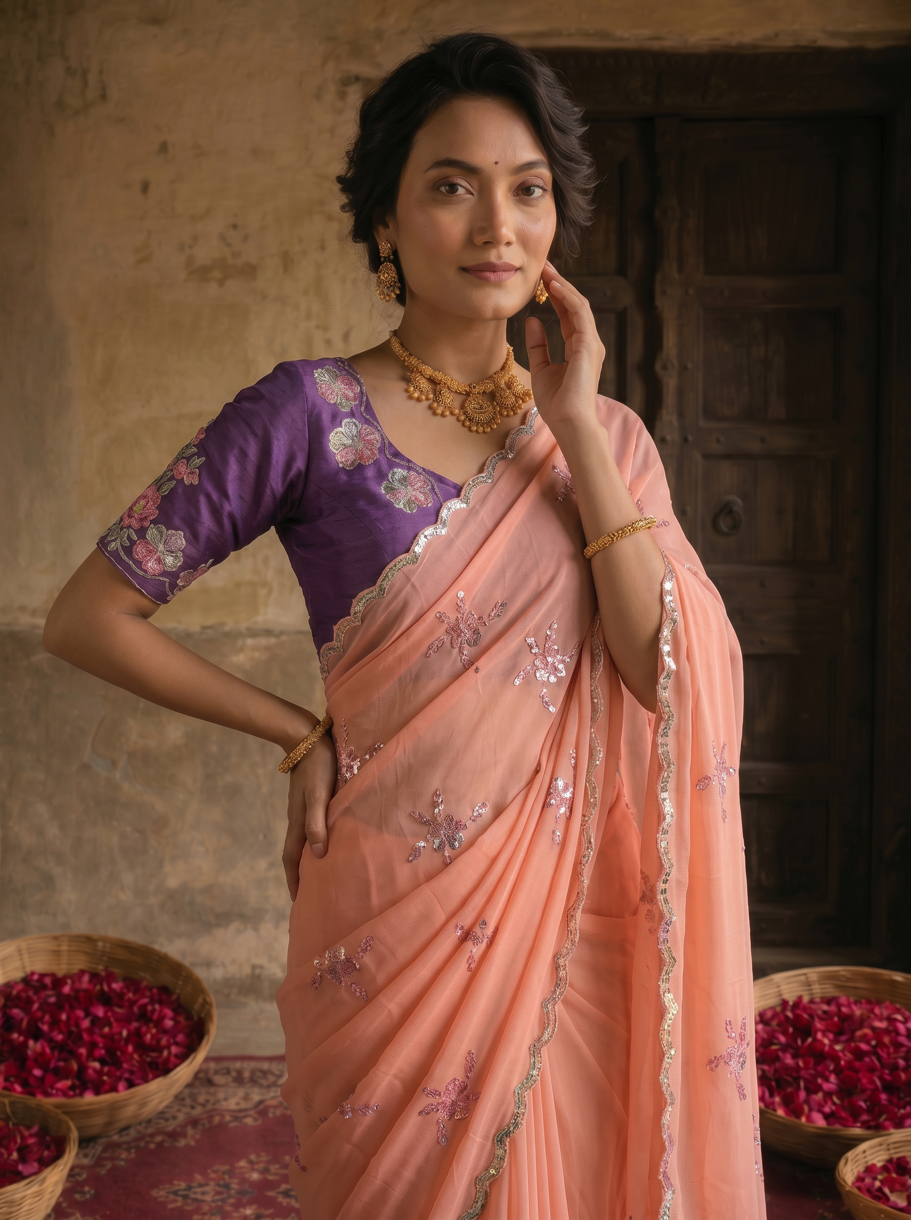Peach Pink Georgette Embroidered Saree with Floral Sequin Work & Contrast Purple Blouse