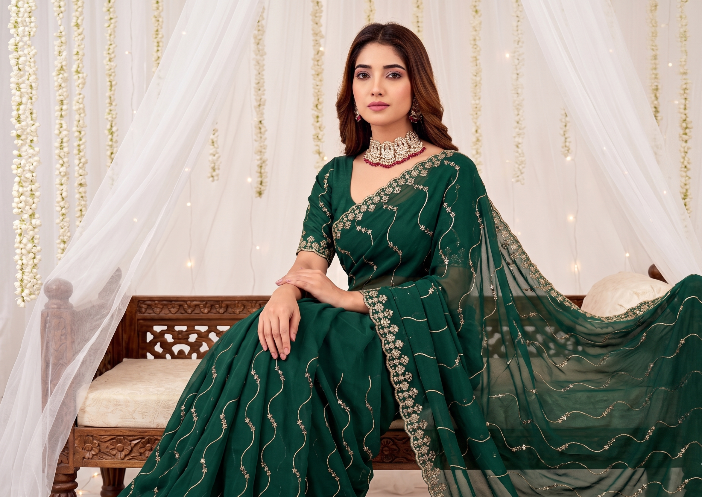 Designer Mustard  Green Party Wear Georgette Saree with Sequin Embroidery