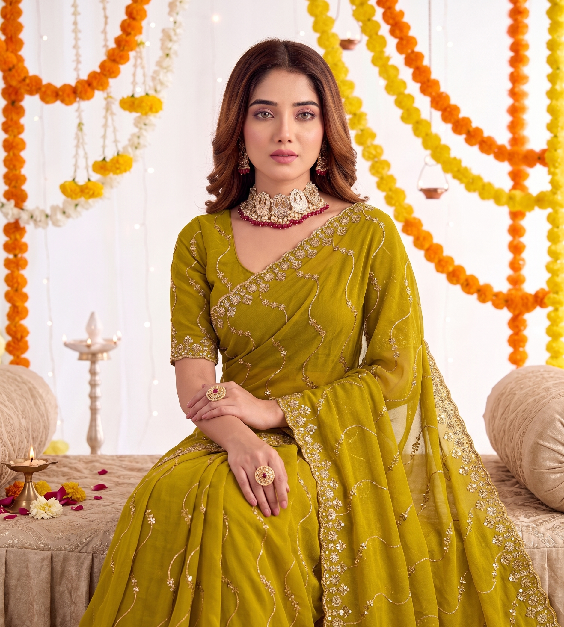 Designer Mustard  Yellow Party Wear Georgette Saree with Sequin Embroidery