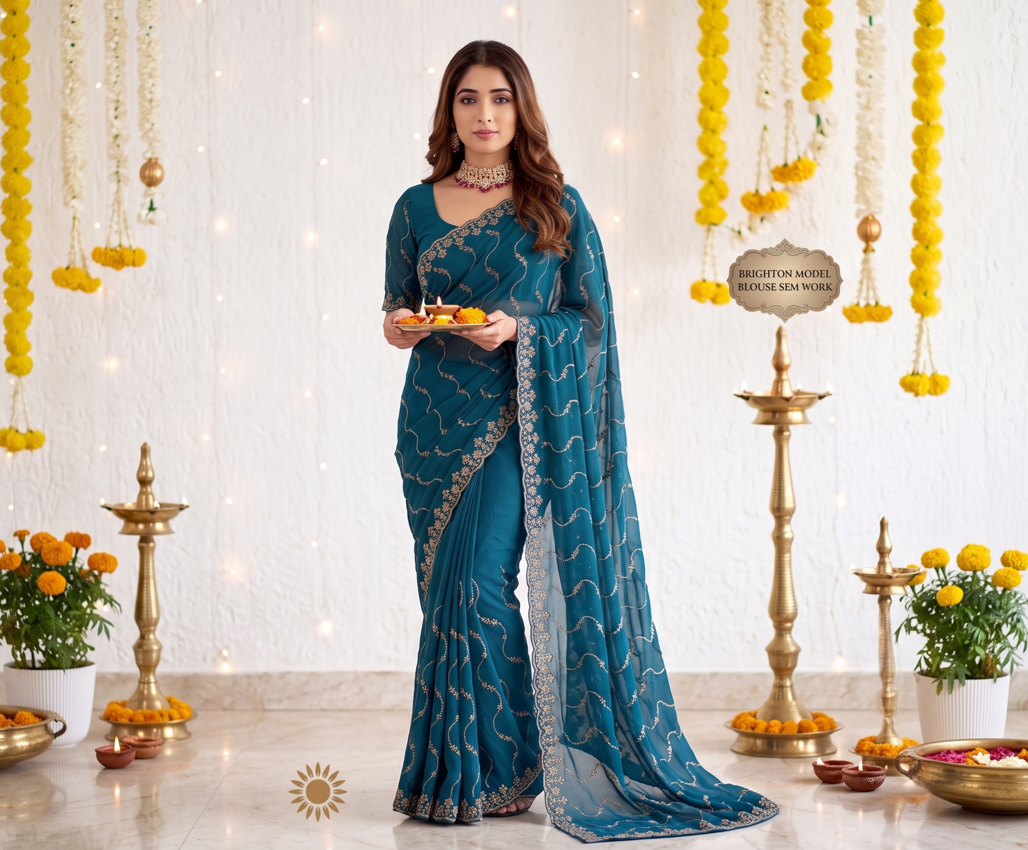 Designer Mustard  Teal Party Wear Georgette Saree with Sequin Embroidery