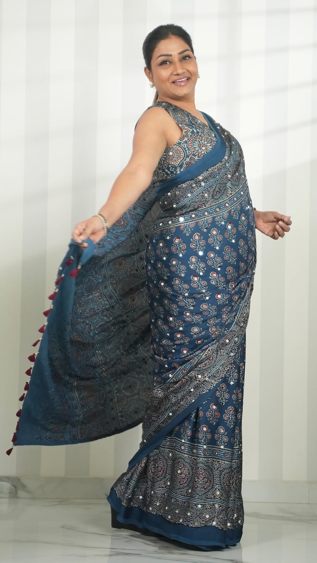 Steel Blue Modal Silk Ajrakh Print Saree with Floral Motifs, Designer Pallu & Tassel Border | Traditional Ethnic Wear Saree