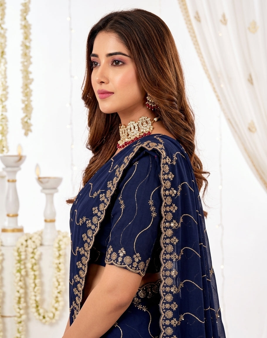 Designer Mustard Blue Party Wear Georgette Saree with Sequin Embroidery