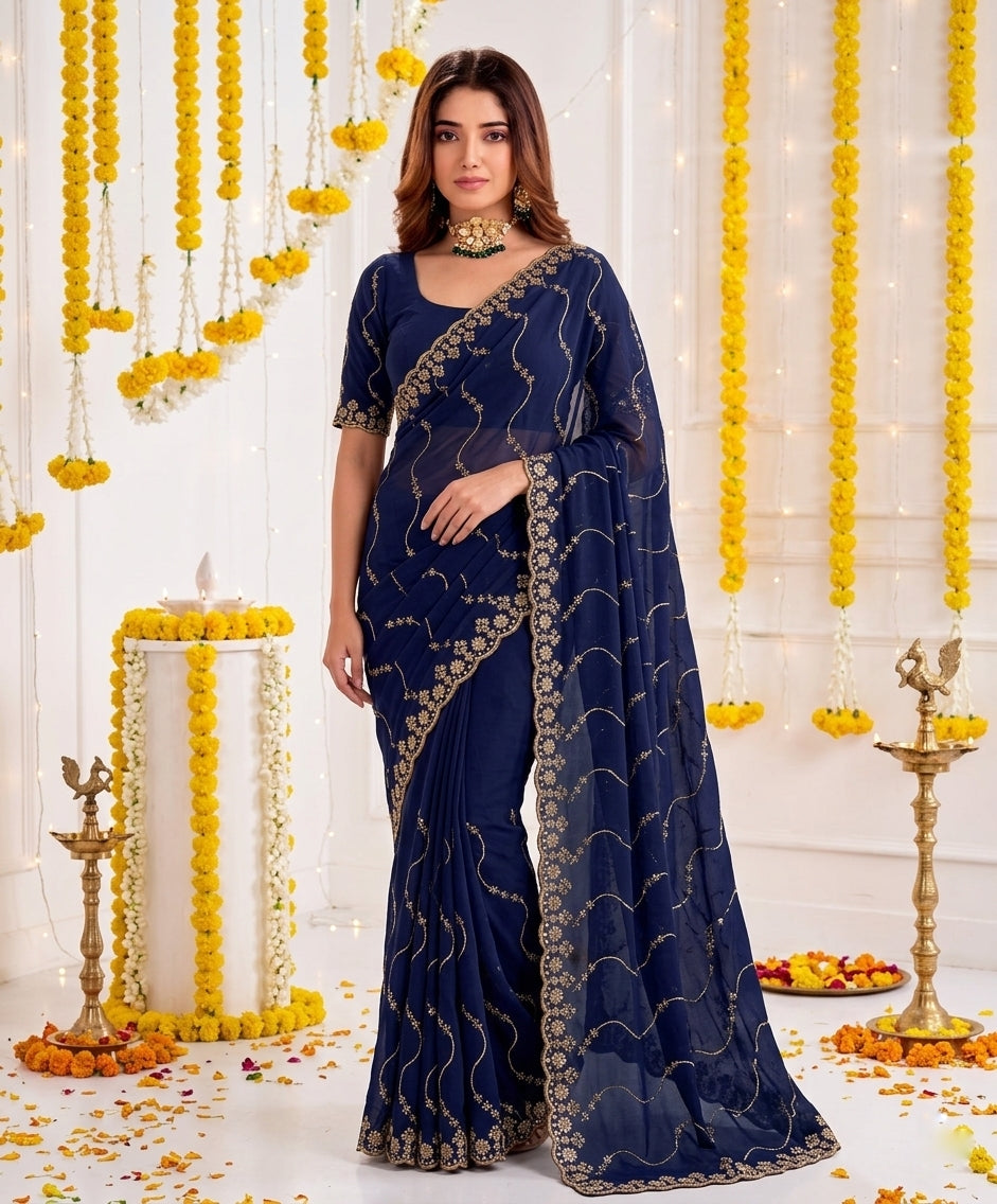 Designer Mustard Blue Party Wear Georgette Saree with Sequin Embroidery