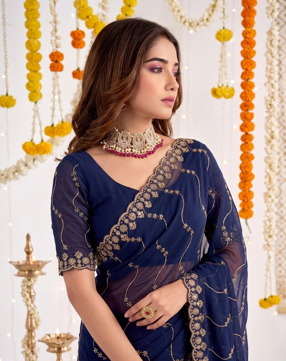 Designer Mustard Blue Party Wear Georgette Saree with Sequin Embroidery