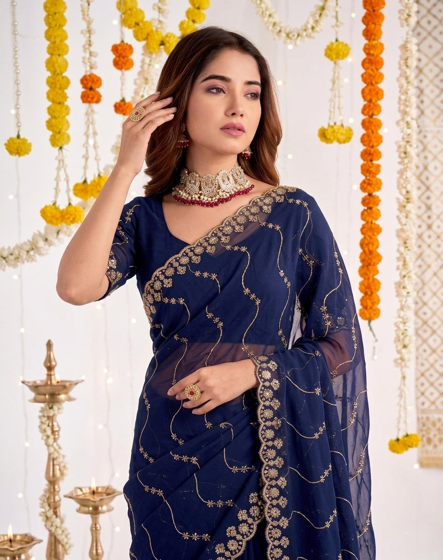 Designer Mustard Blue Party Wear Georgette Saree with Sequin Embroidery