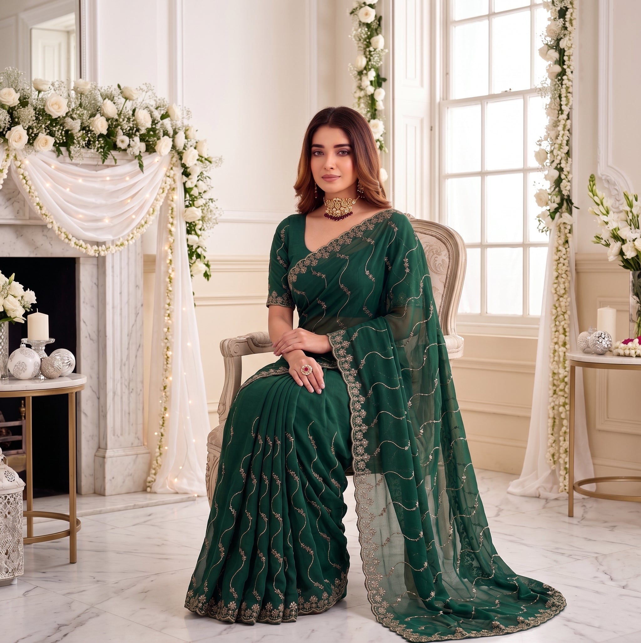 Designer Mustard  Green Party Wear Georgette Saree with Sequin Embroidery