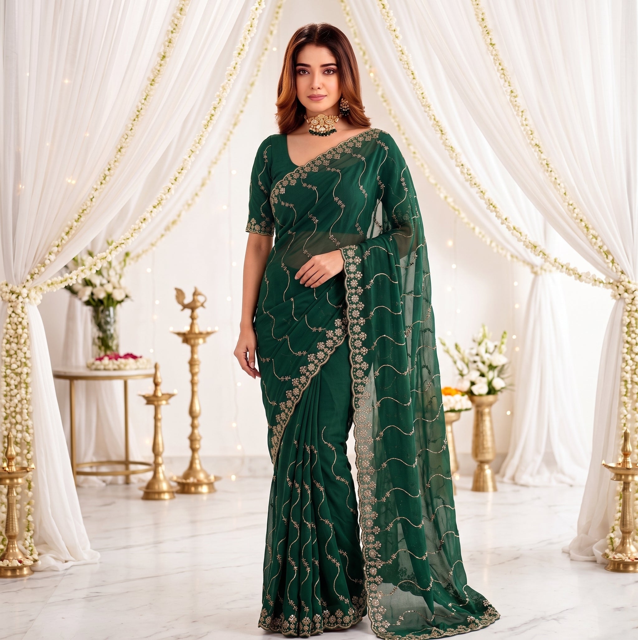 Designer Mustard  Green Party Wear Georgette Saree with Sequin Embroidery