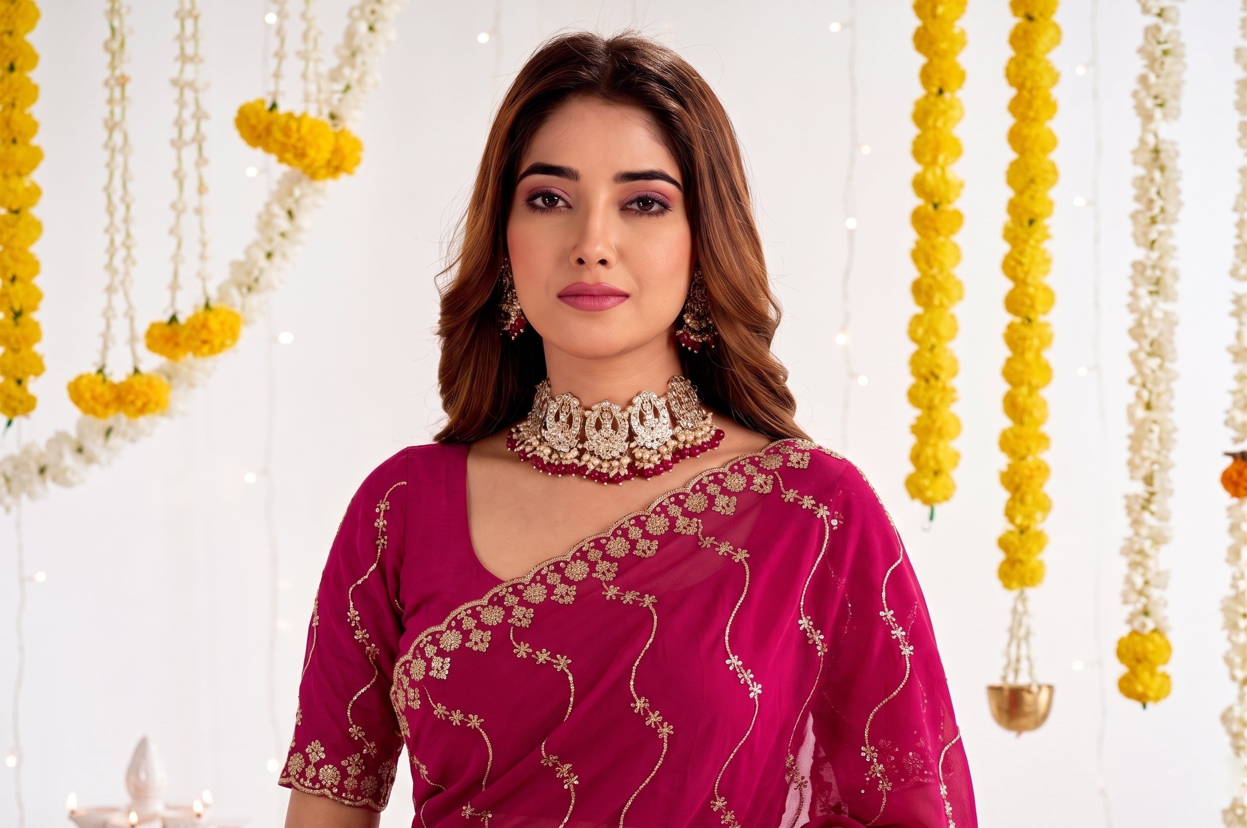 Designer Mustard Rani Pink Party Wear Georgette Saree with Sequin Embroidery