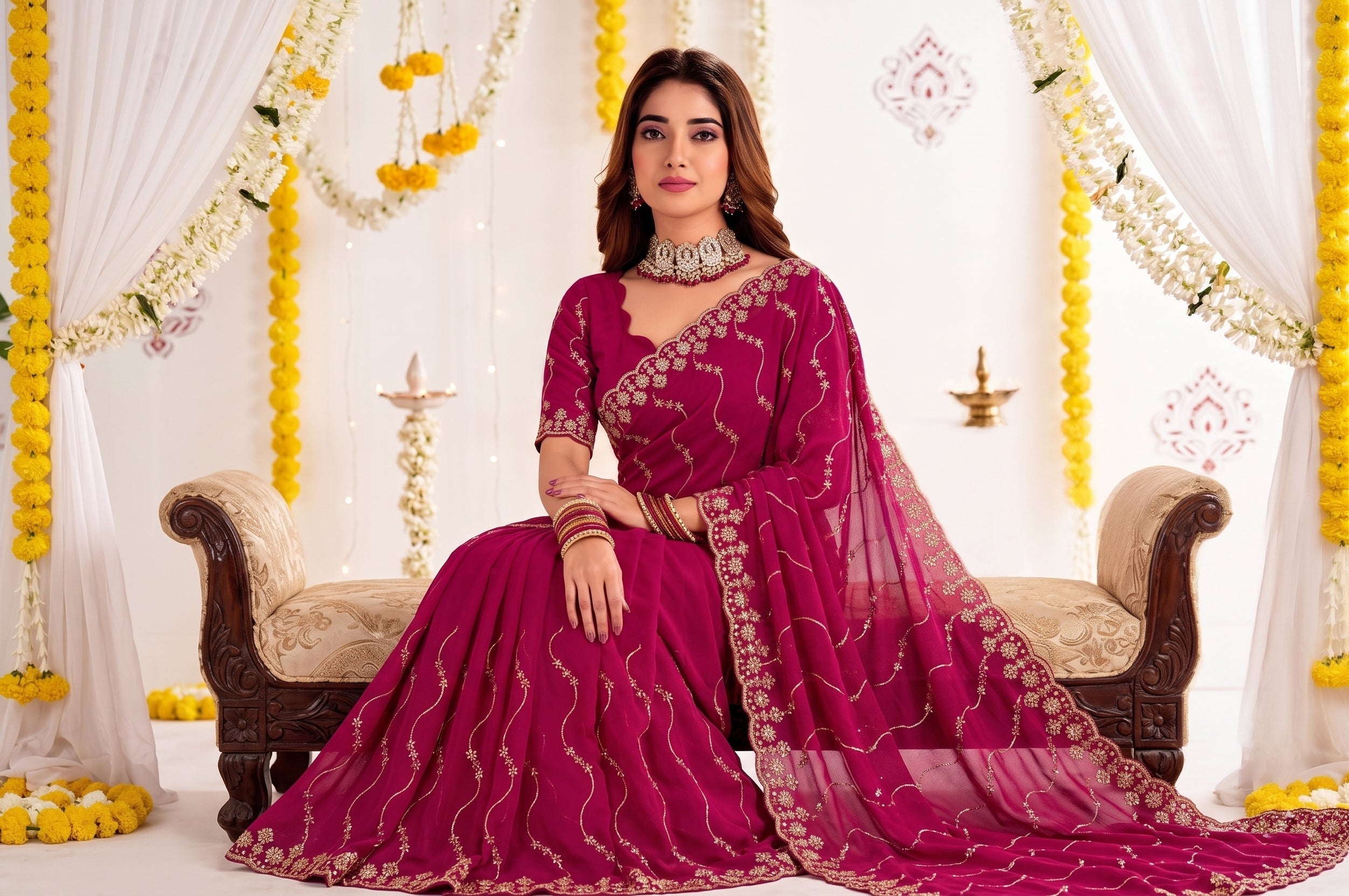 Designer Mustard Rani Pink Party Wear Georgette Saree with Sequin Embroidery