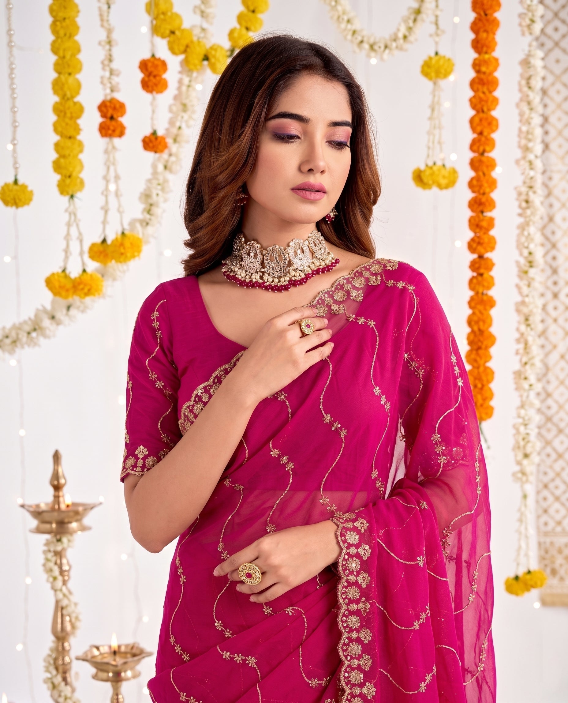 Designer Mustard Rani Pink Party Wear Georgette Saree with Sequin Embroidery