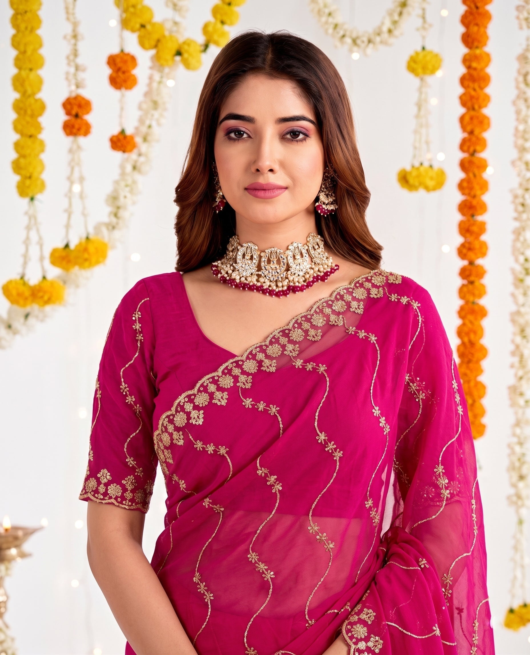 Designer Mustard Rani Pink Party Wear Georgette Saree with Sequin Embroidery