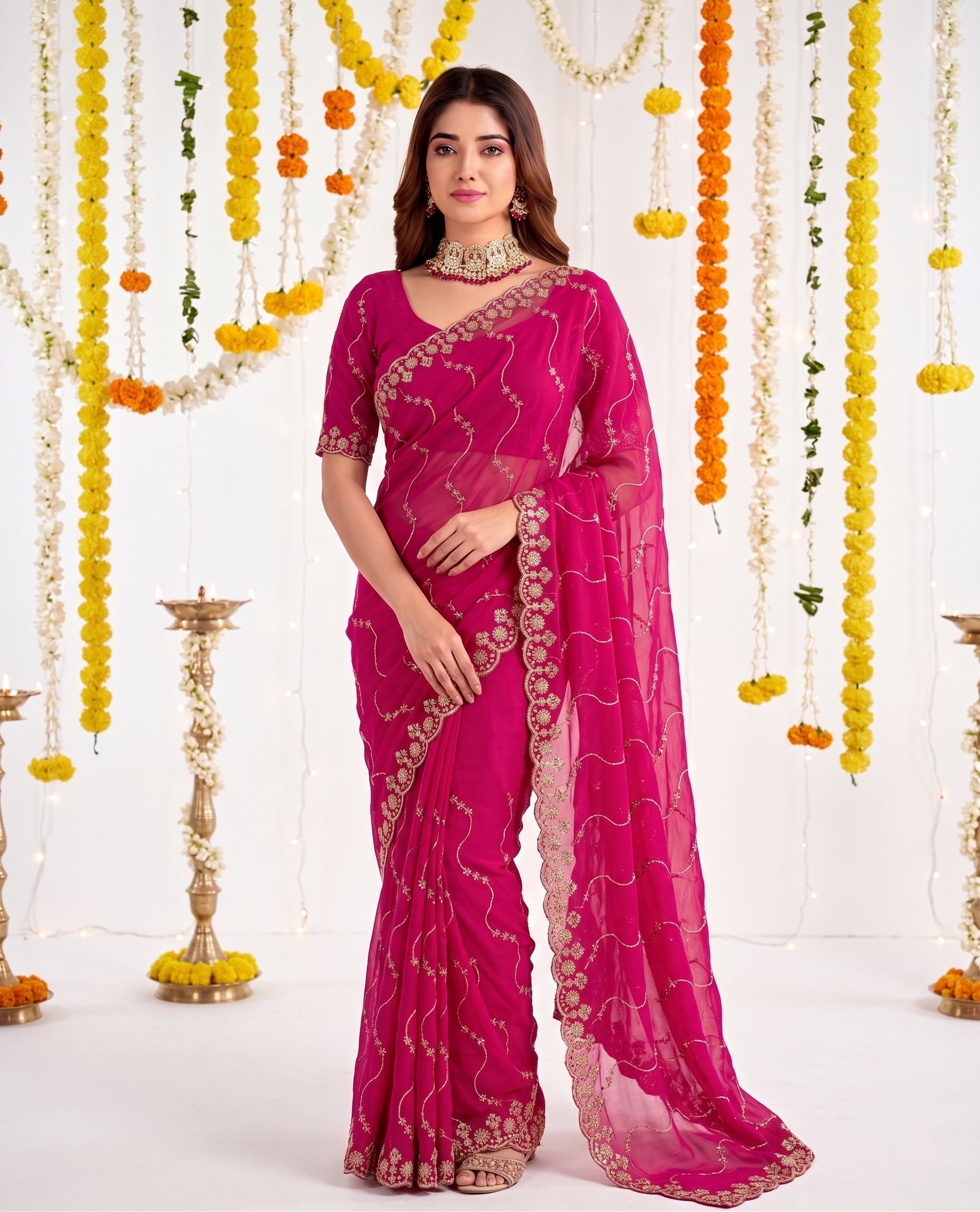 Designer Mustard Rani Pink Party Wear Georgette Saree with Sequin Embroidery