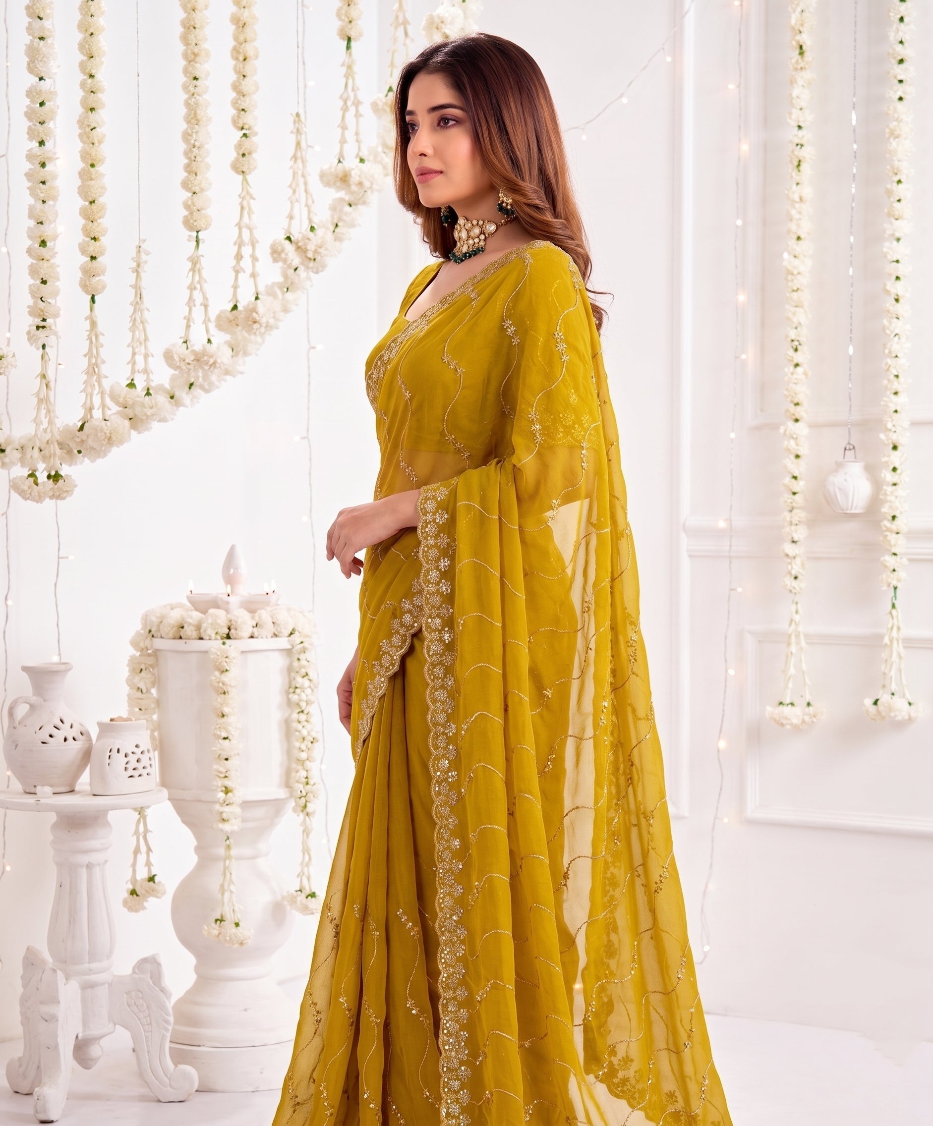 Designer Mustard  Yellow Party Wear Georgette Saree with Sequin Embroidery