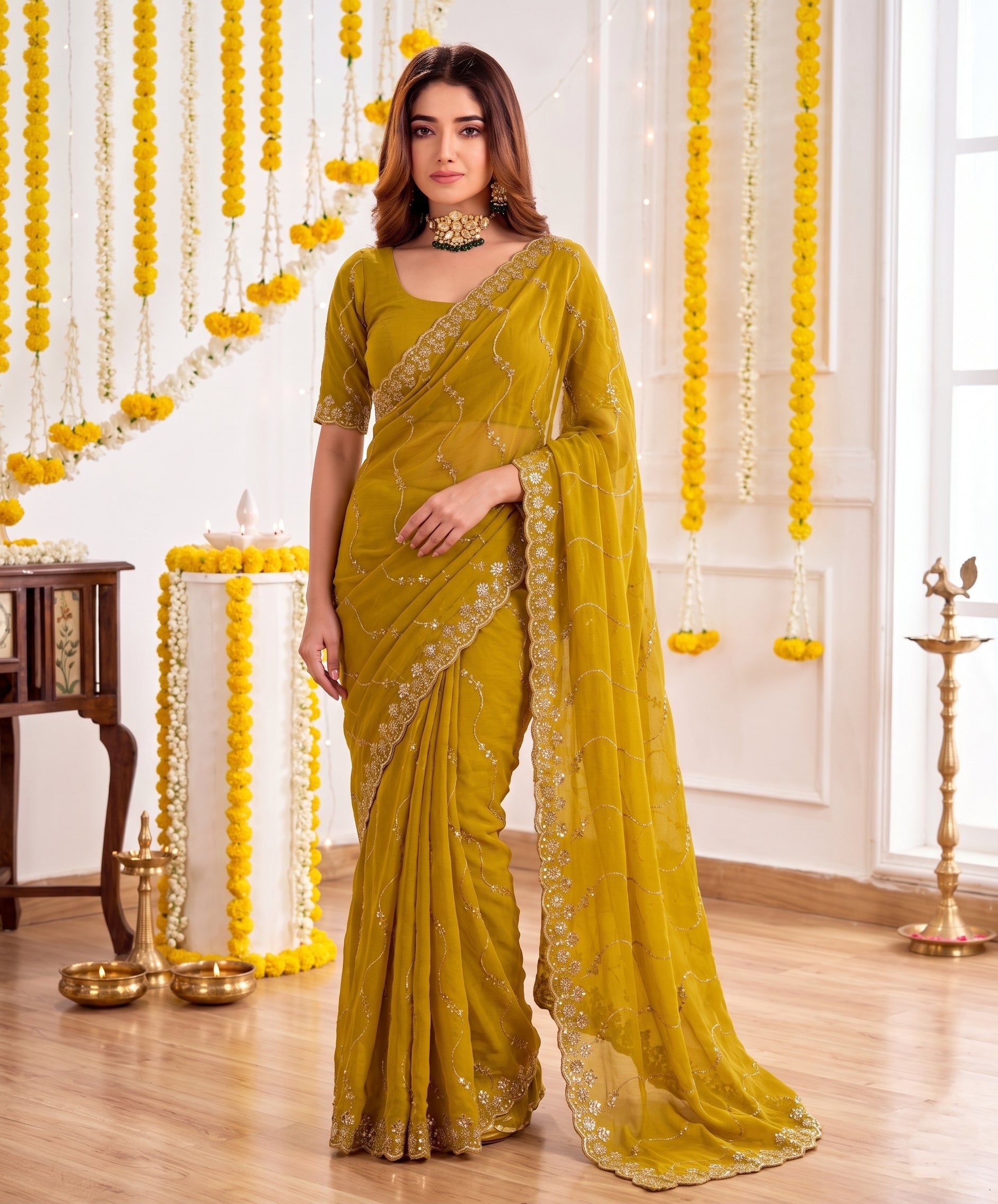 Designer Mustard  Yellow Party Wear Georgette Saree with Sequin Embroidery