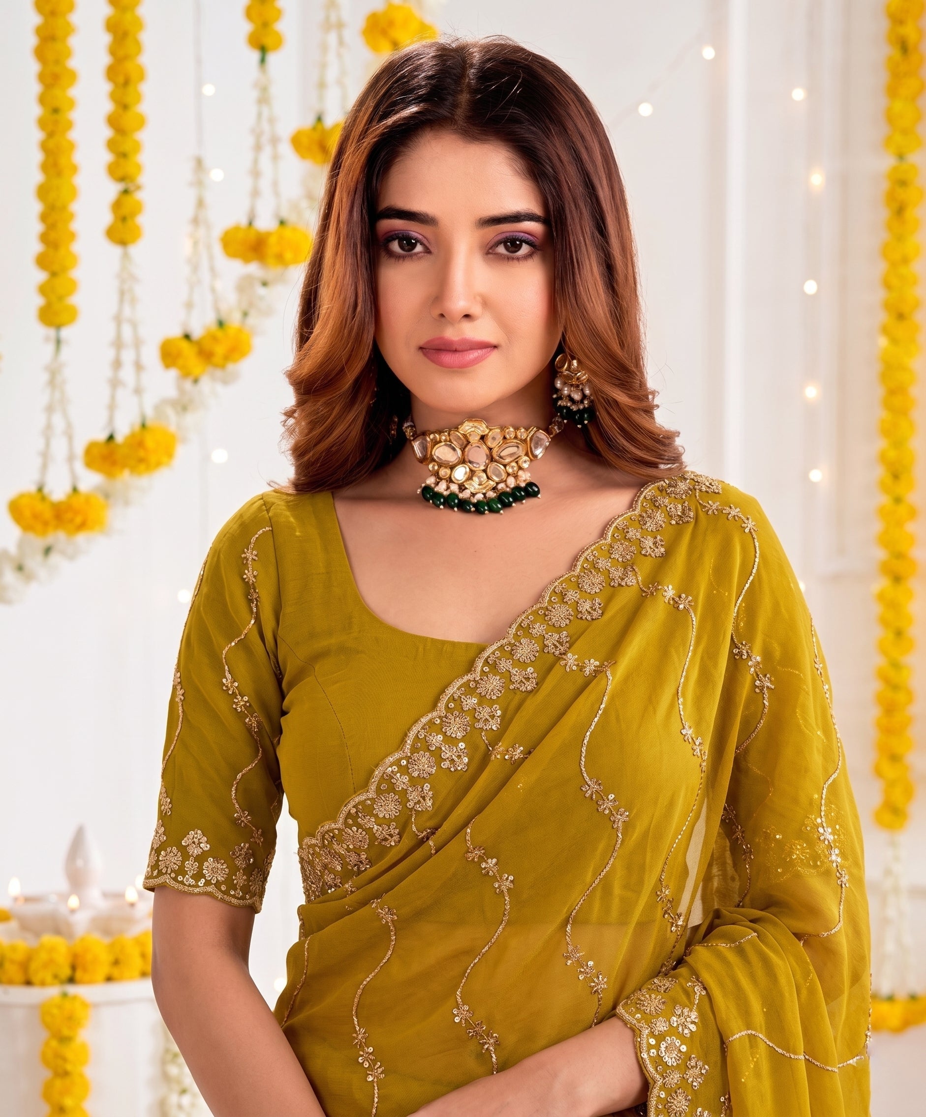 Designer Mustard  Yellow Party Wear Georgette Saree with Sequin Embroidery