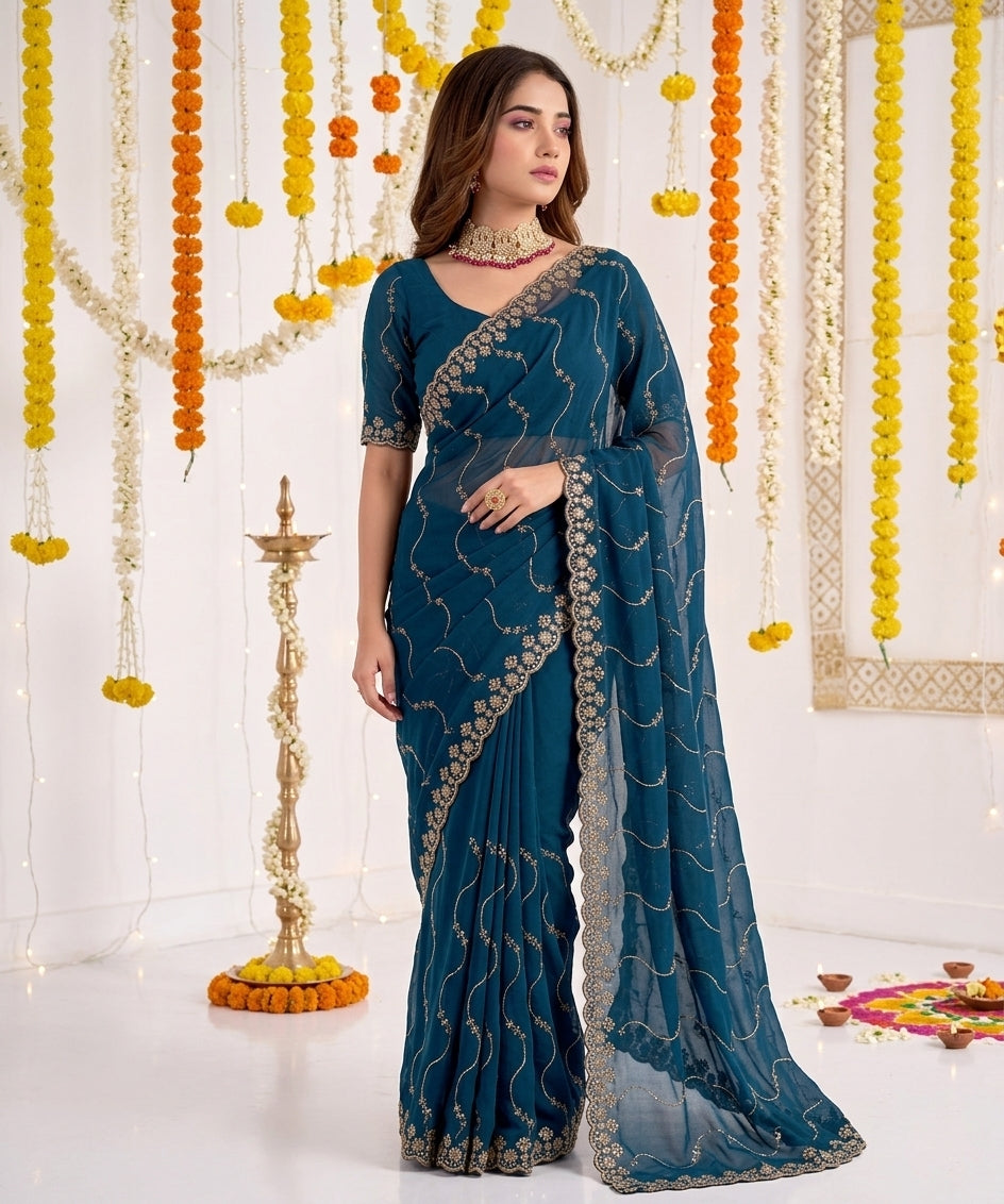 Designer Mustard Teal Blue Party Wear Georgette Saree with Sequin Embroidery