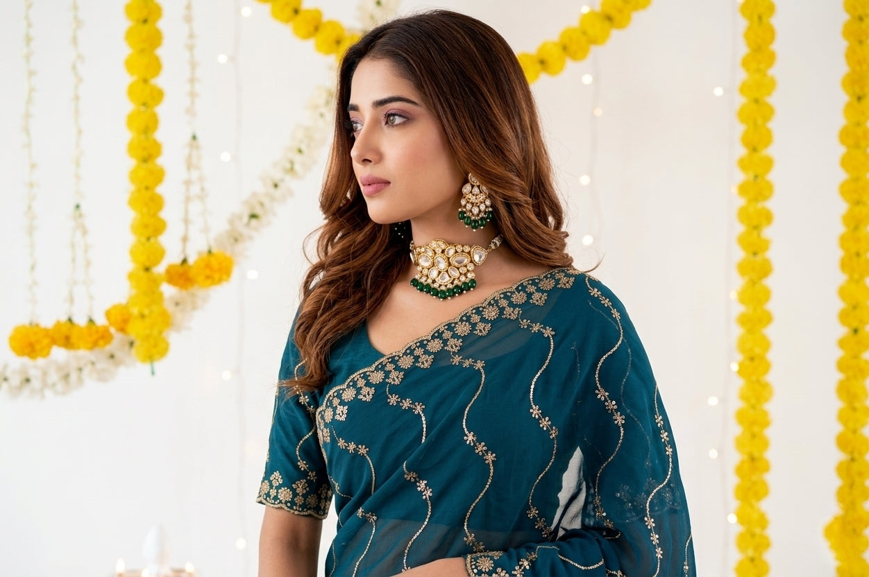 Designer Mustard Teal Blue Party Wear Georgette Saree with Sequin Embroidery